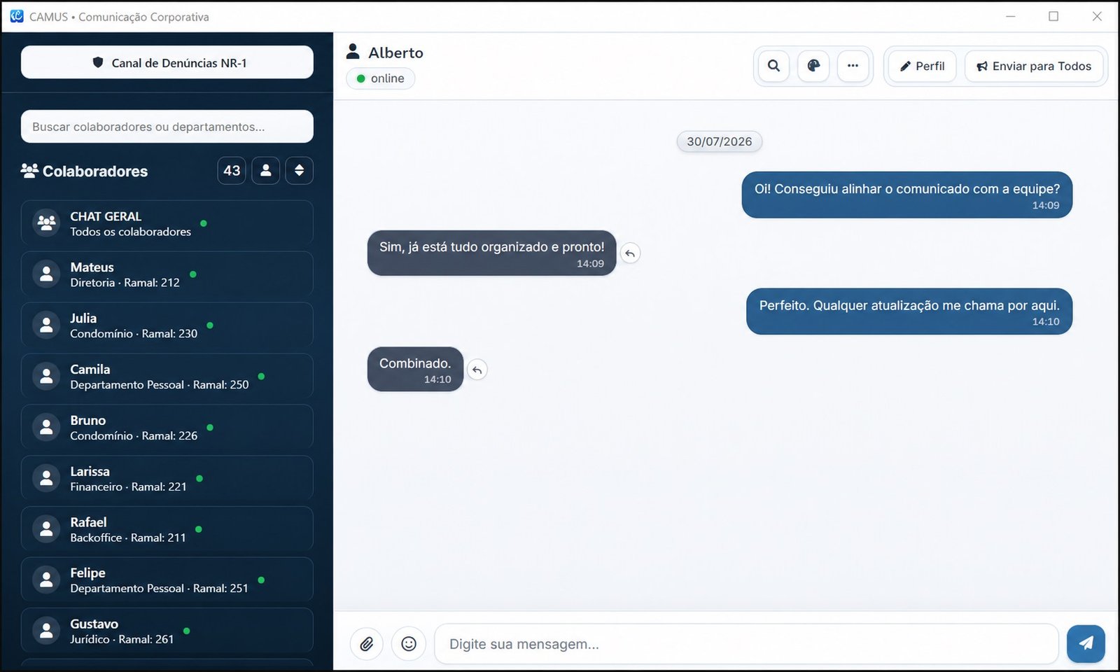 Tela principal do CAMUS com chat geral aberto.